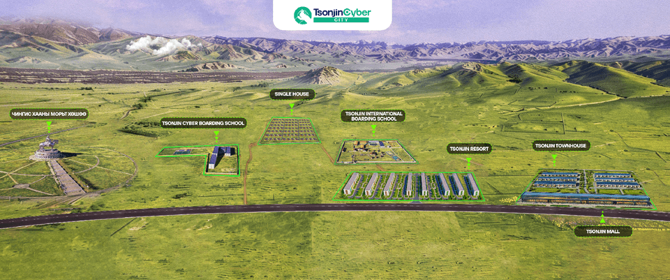 Tsonjin Cyber City masterplan with housing, school, resort, mall and landmarks